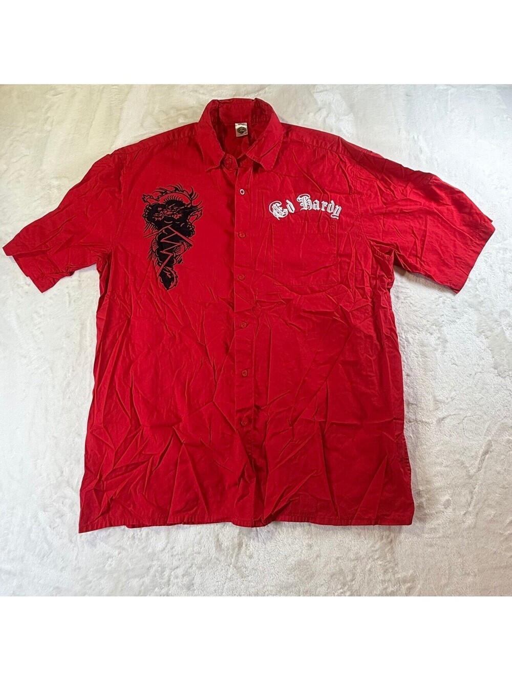 Ed Hardy Shirt Mens 2XL Red Button Down Dragon Death Before Dishonor Eagle